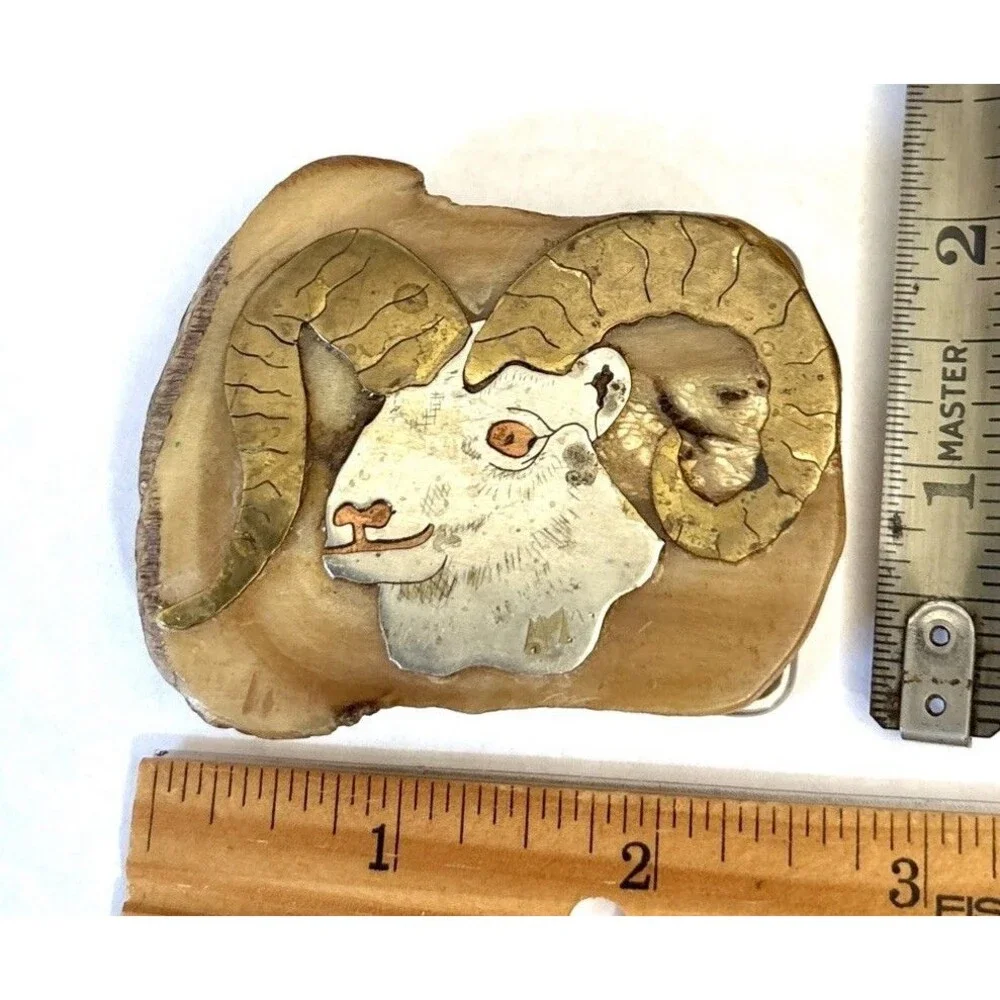 VINTAGE 70s BIG HORN RAM Antler Brass Copper Pewter SW ART BELT BUCKLE Signed